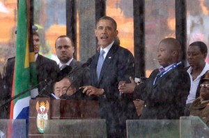 Barack Obama delivers a speech during the memorial service for Nelson Mandela at Soccer City Stadium in Johannesburg on December 10, 2013 (AFP, Pedro Ugarte)
